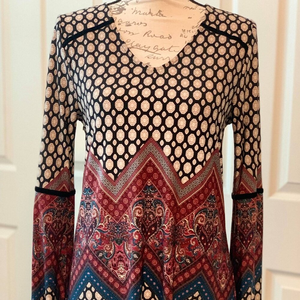 Women's Silky Long-Sleeve Boho, Chevron & Paisley Print Top with Cinched Wrist